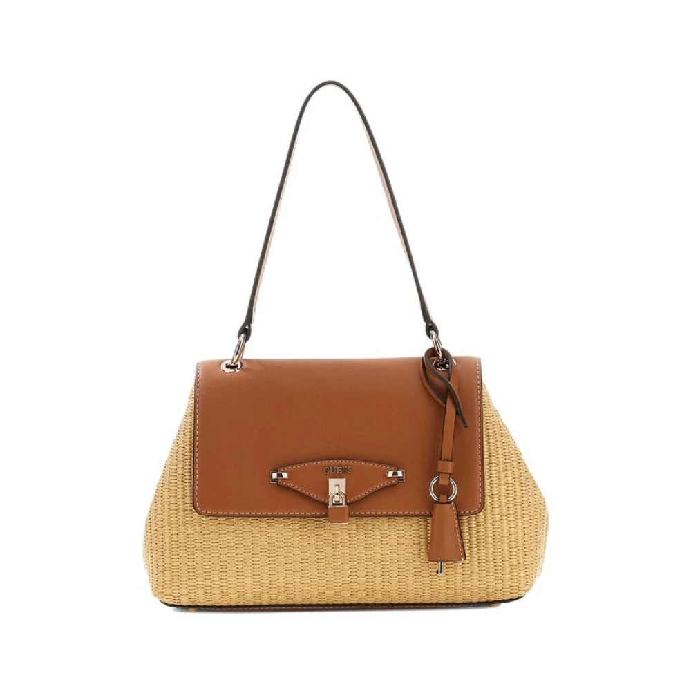 Guess Brown Shoulder Bags, Female, One Size, Maggie Straw Flap Shoulder Bag