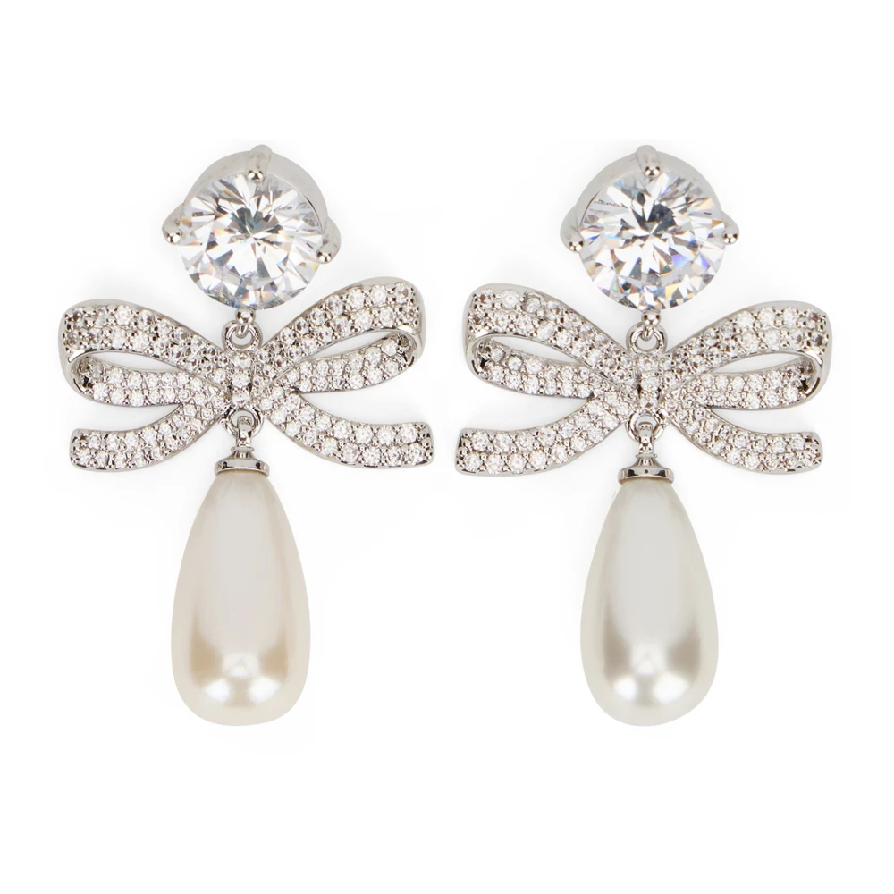 Self Portrait Gray Earrings, Female, One Size, Layered Earrings With Crystal Bow And Pearls