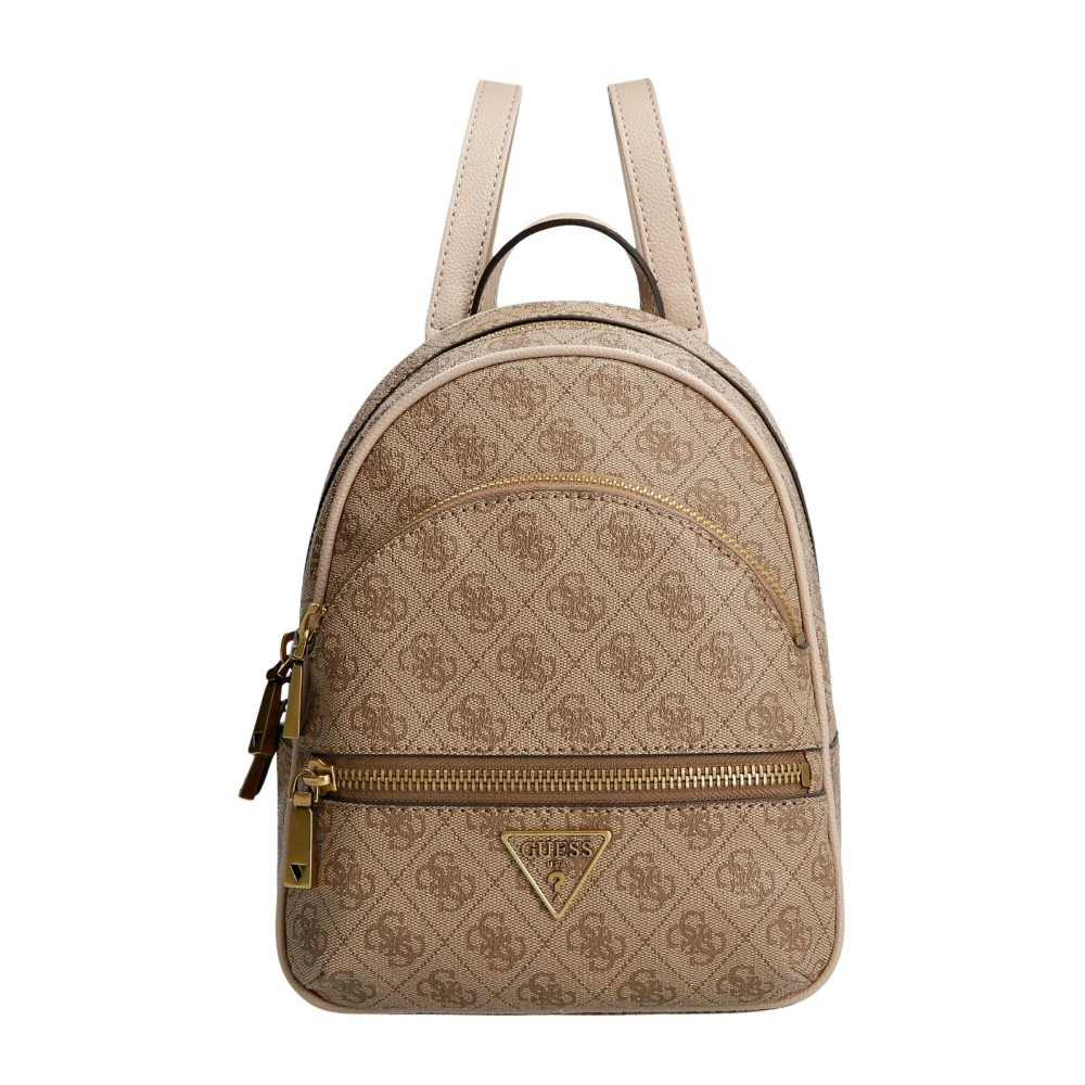 Guess Women's Beige Backpacks, One Size, Logo-Pattern Backpack With Gold Details