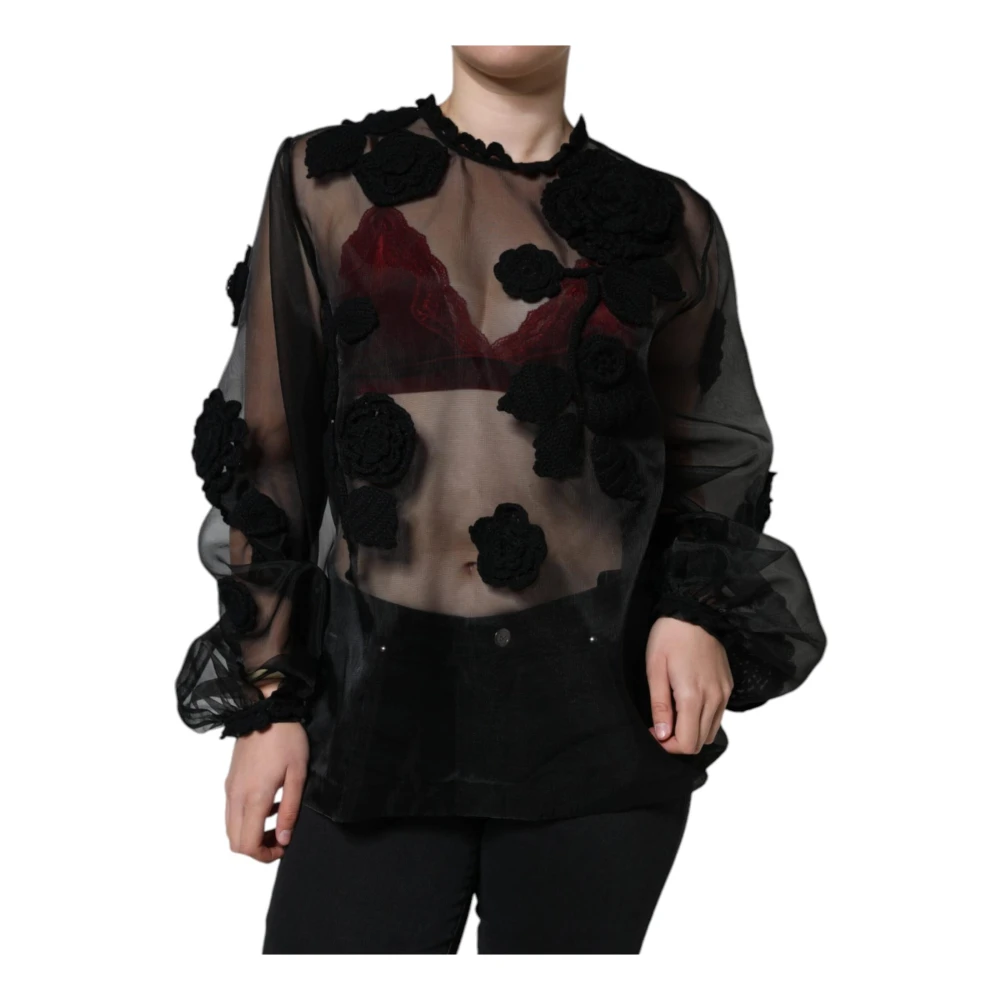 Dolce & Gabbana Bloemen Mesh Lange Mouw Blouse Black Dames