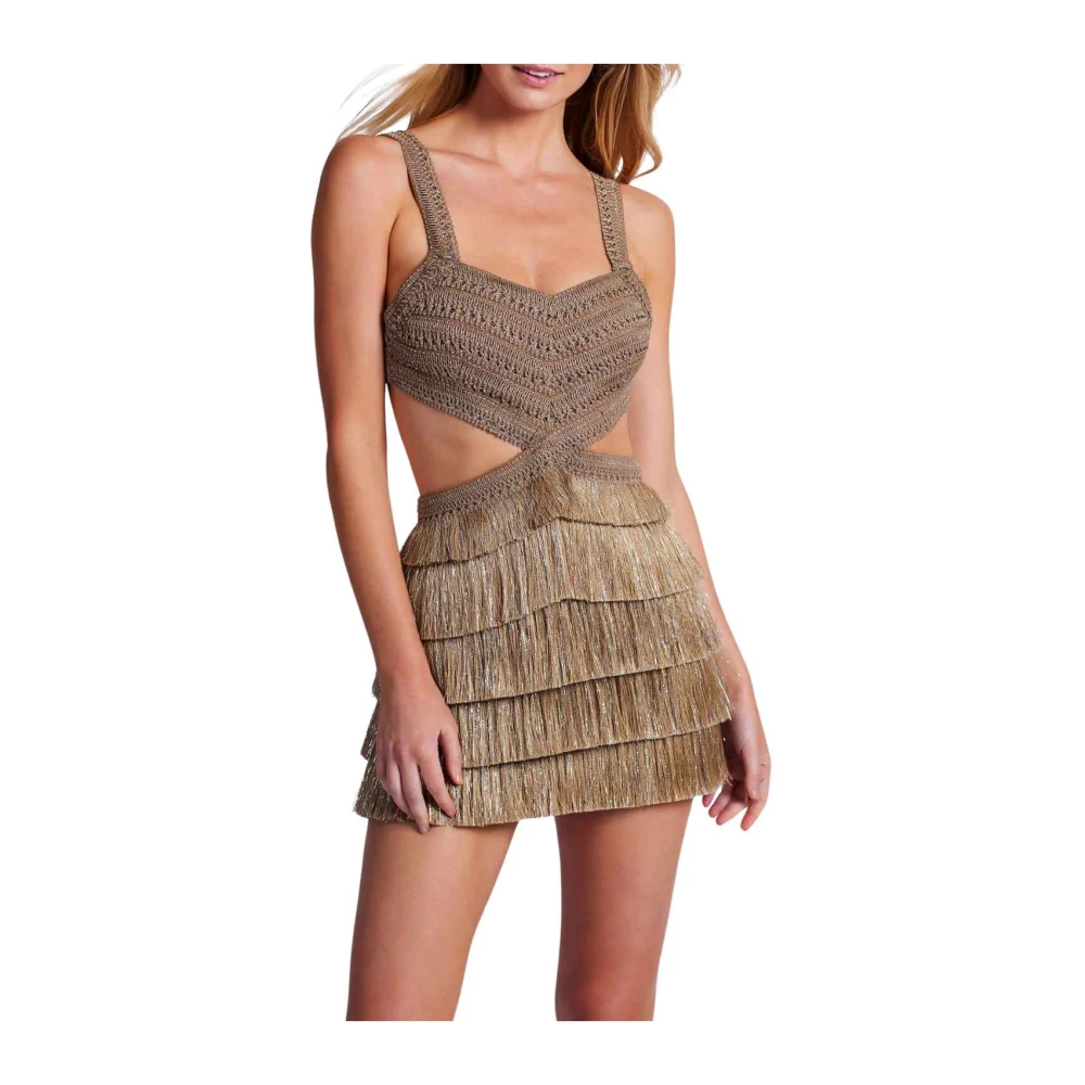 Patbo Gouden Metallic Fringe Mini Jurk Brown Dames