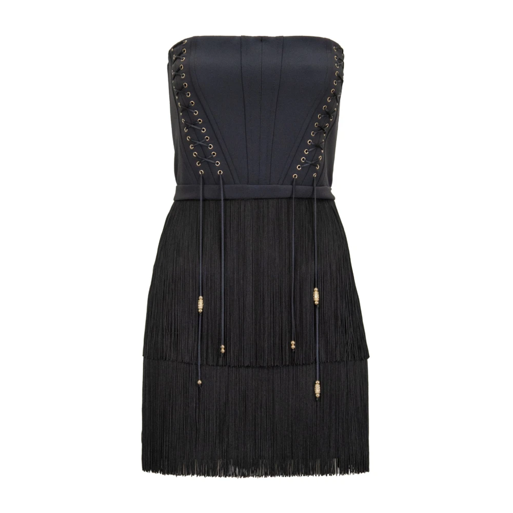Elisabetta Franchi Korte Jurk met Franjes en Metalen Details Black Dames