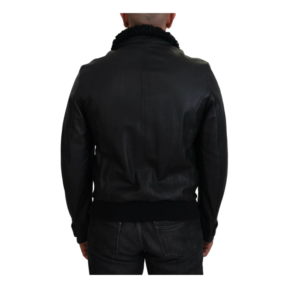 Dolce & Gabbana Zwarte leren bomberjack met shearling kraag Black Heren
