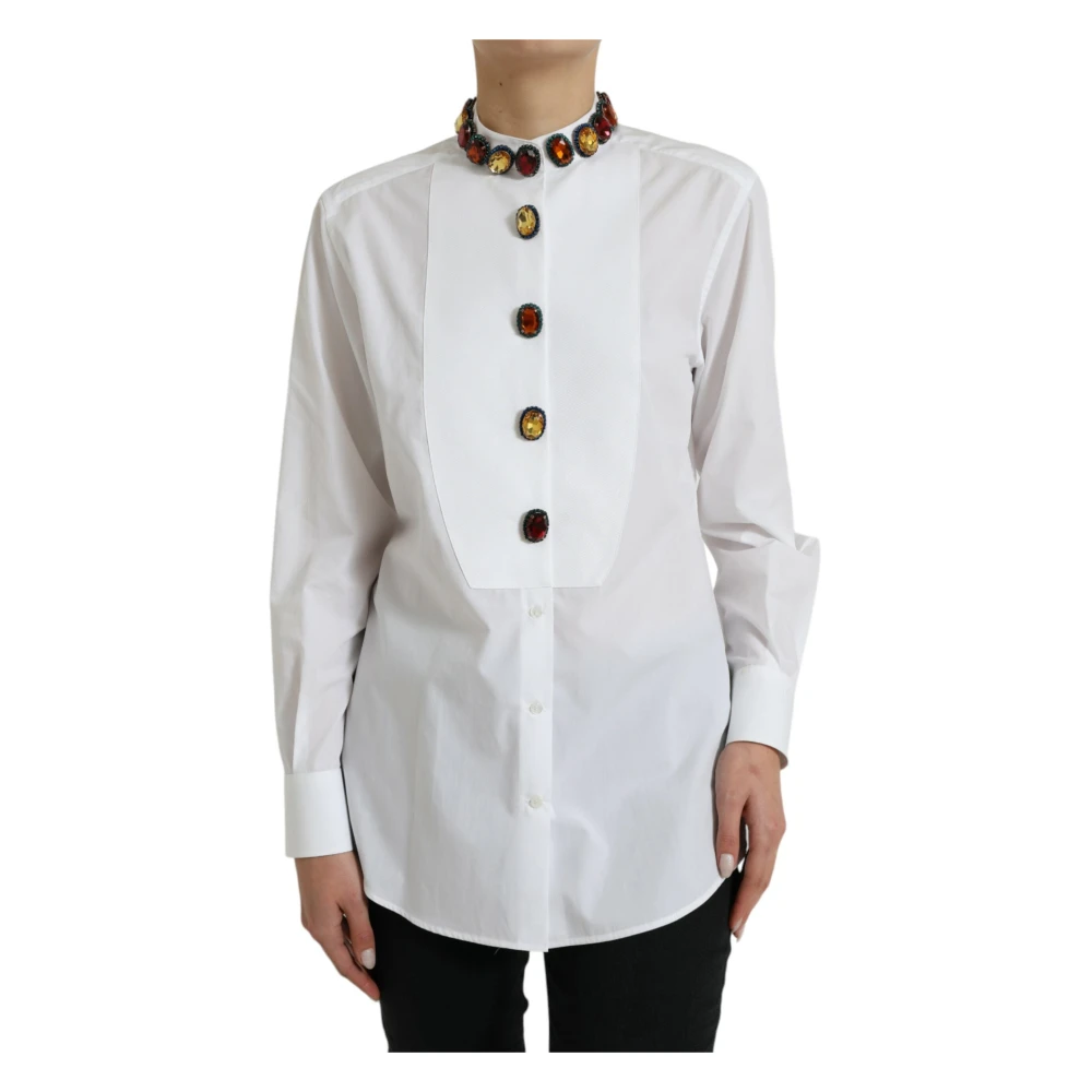 Dolce & Gabbana Women's White Cotton Crystals Embellished Shirt Top