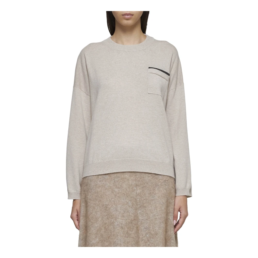 BRUNELLO CUCINELLI Kasjmier Crew Neck Sweater met Monile Versiering Beige Dames