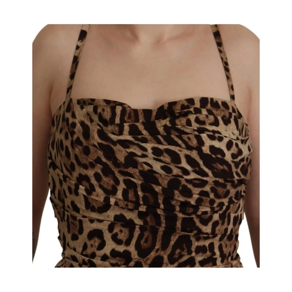 Dolce & Gabbana Luipaardprint Zijden Jurk Mouwloos Kuitlengte Brown Dames
