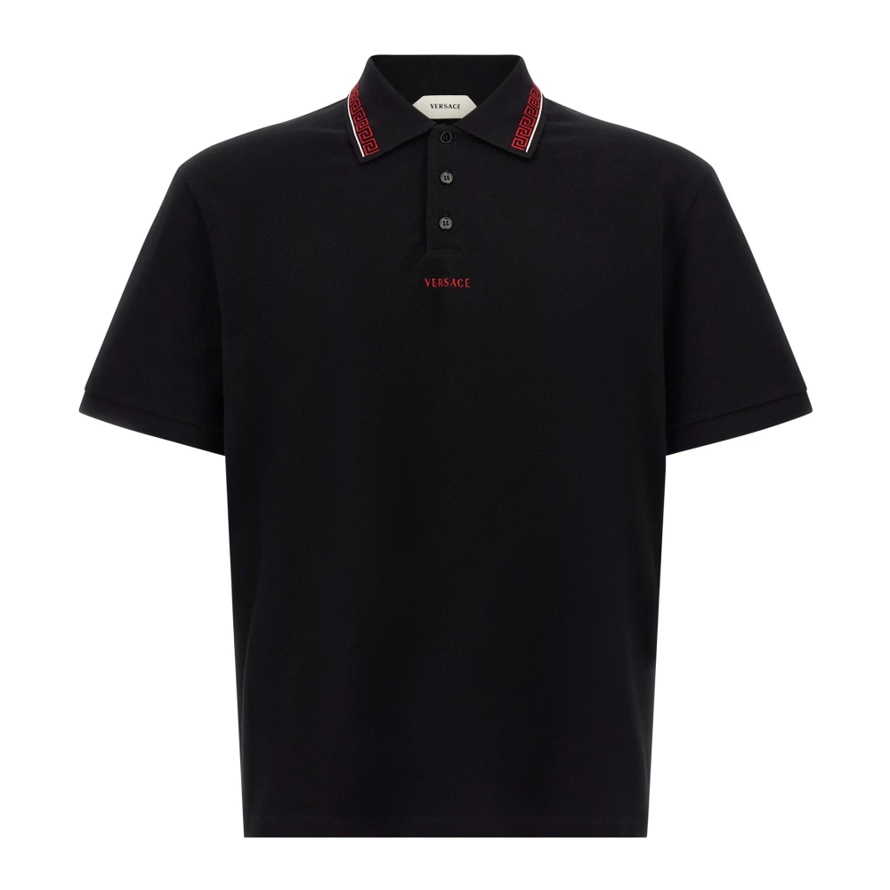 Versace Mannelijk Zwart Tops Heren, Xl, Katoen, Geborduurd-Logo Katoenen Piqué Polo