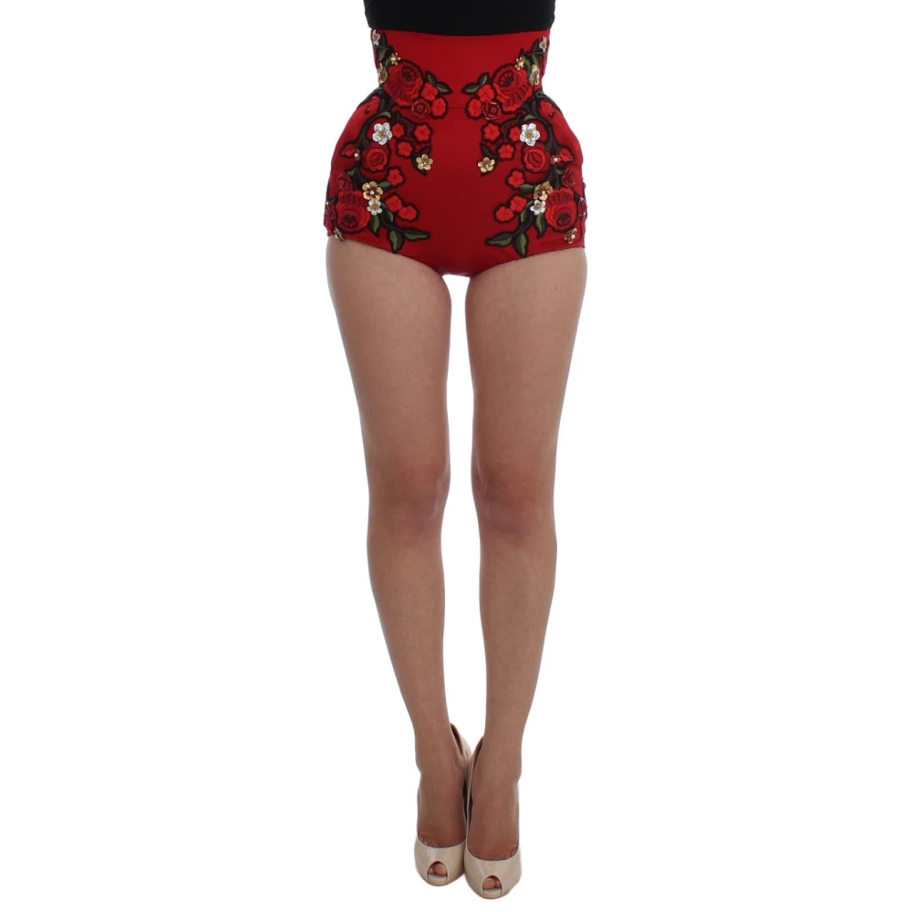 Dolce & Gabbana Women's Red Floral Silk Embroide Glamour Shorts In