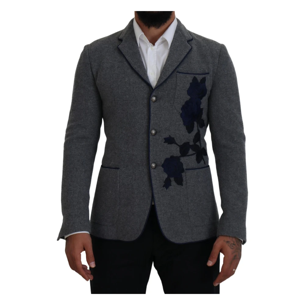 Dolce & Gabbana Men's Gray Blazers, S, Slim Fit Wool Roses Blazer