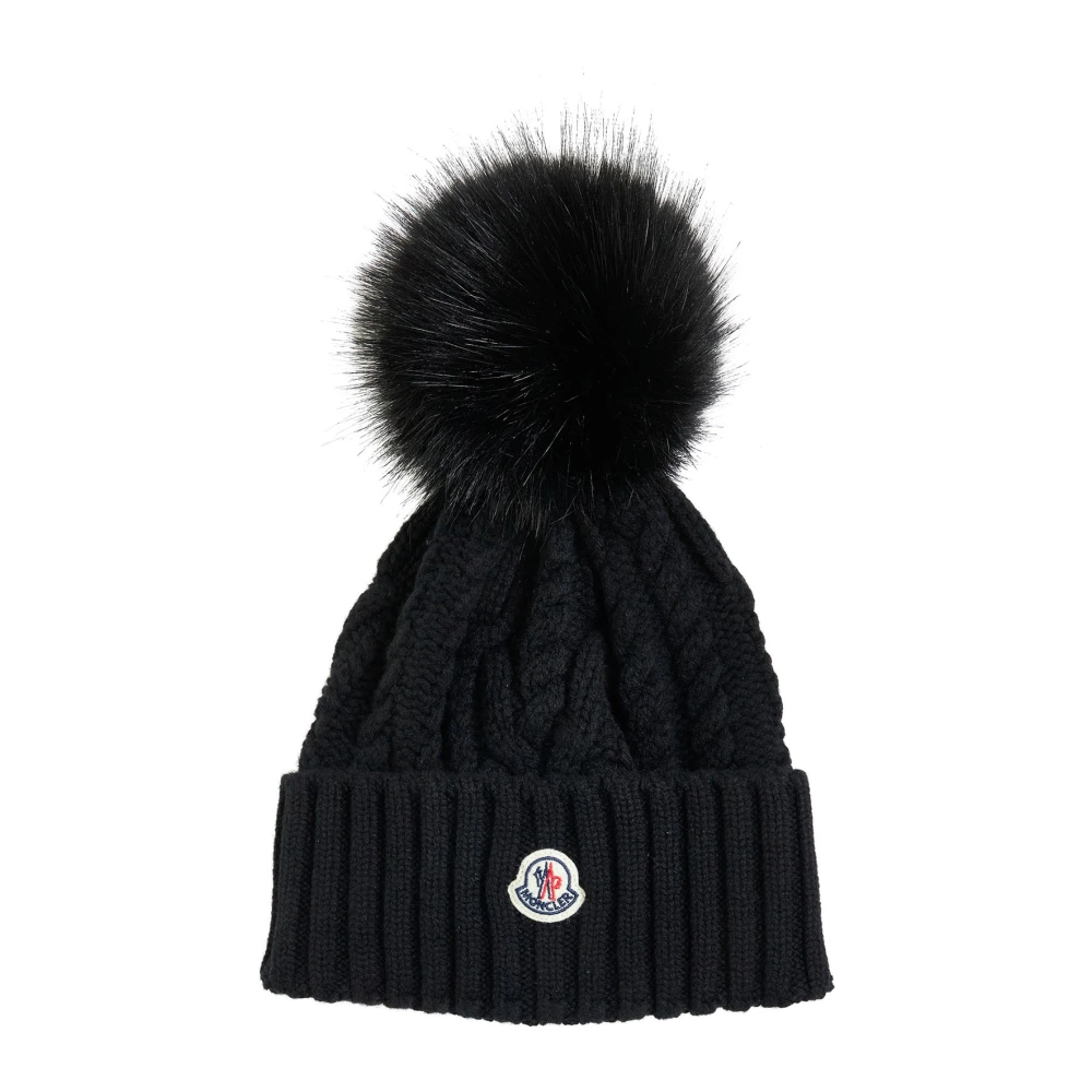 Moncler Zwarte Kabel Gebreide Muts met Nepbont Pompon Black Dames