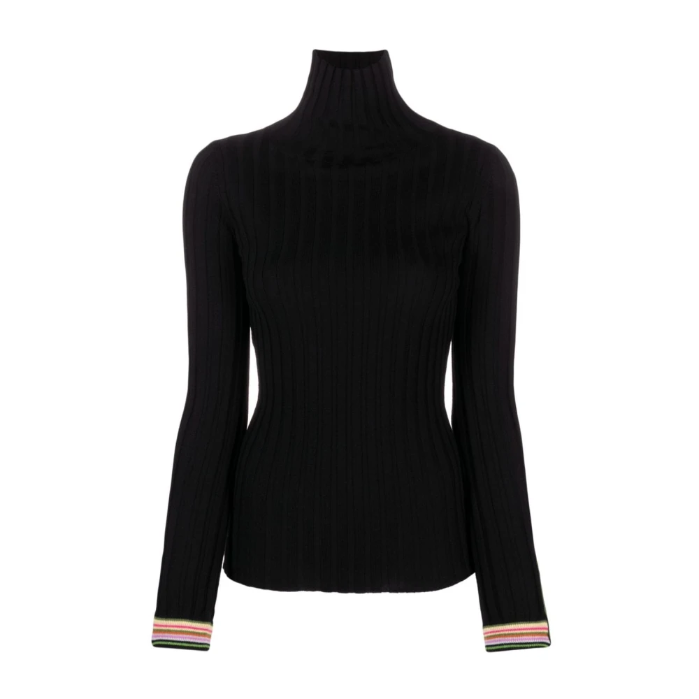 Etro Women's Black Turtlenecks, S, Ribbed Turtleneck With Multicolor Striped Cuffs
