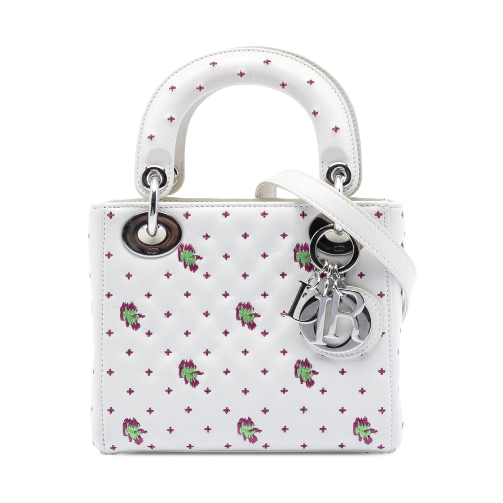 Dior Vintage Women's White Pre-Owned Embroidered Leather Handbag
