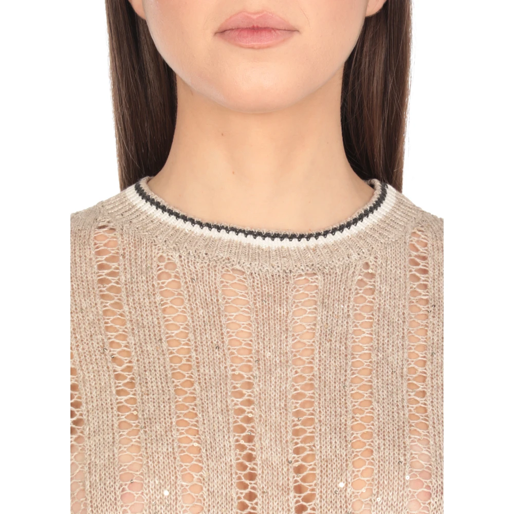 BRUNELLO CUCINELLI Paillet Beige Linnen Trui Beige Dames