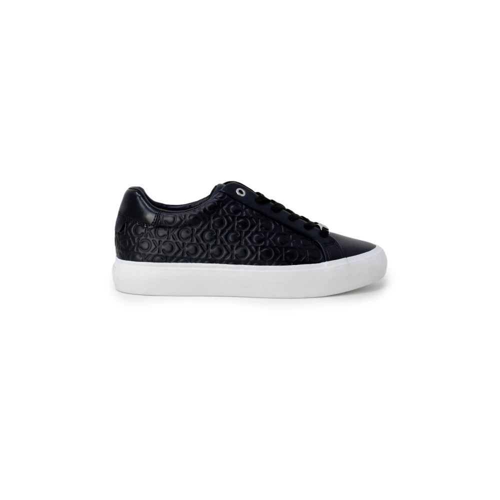 Calvin Klein Women's Black Leather Embossed Logo Sneaker - Sneakers - 7 Uk - Shoes