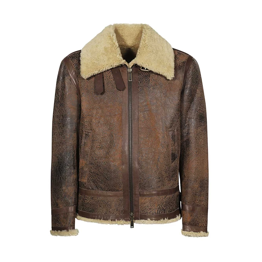 Dsquared2 Shearling Kraag Leren Jas Lamsvacht Brown Heren