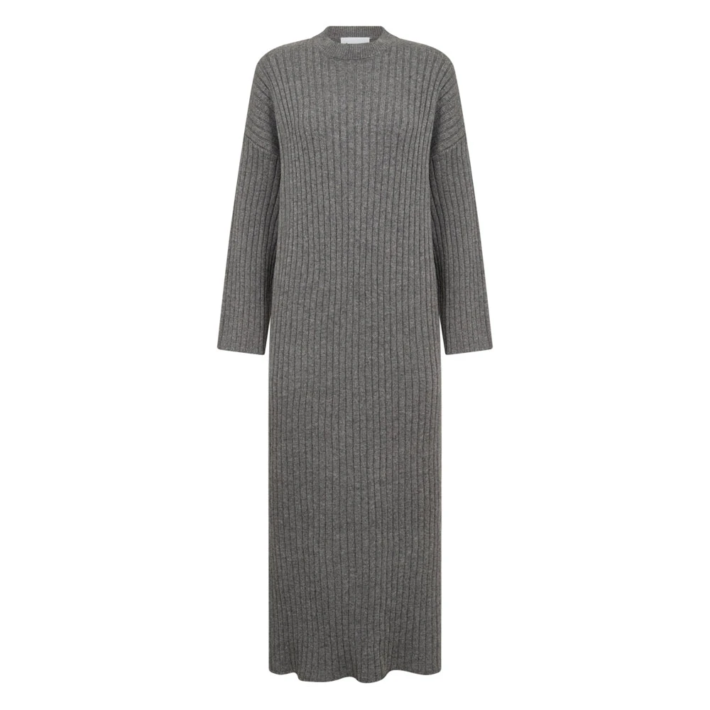 Levete Room Grijze Geribbelde Midi Jurk met Lange Mouwen Gray Dames