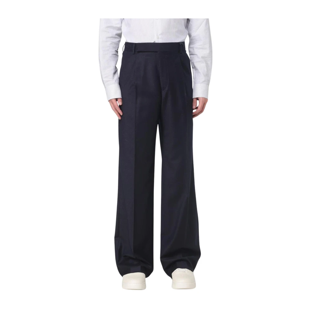 Emporio Armani Men's Blue Pleated Wide Leg Wool Trousers