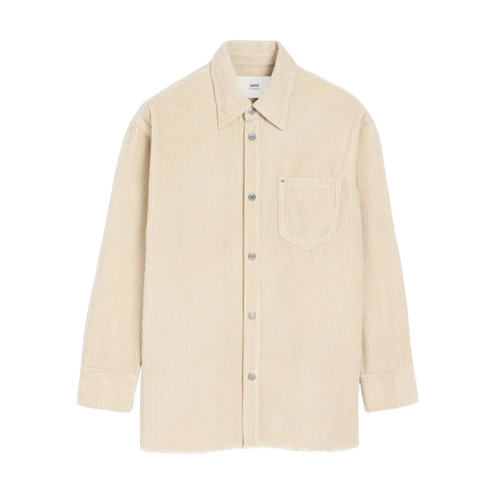 Ami Paris Men's White Corduroy Long Sleeve Shirt