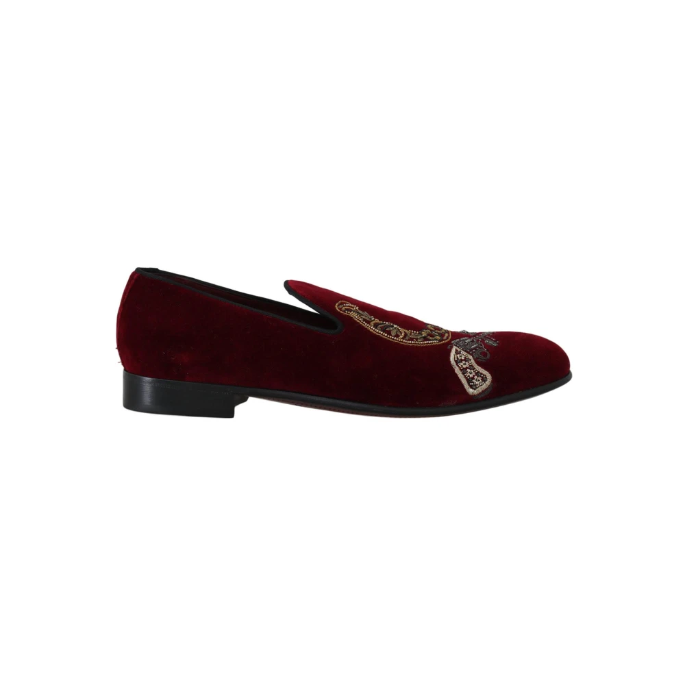 Dolce & Gabbana Röd Sammet Loafers Med Pistol Broderi