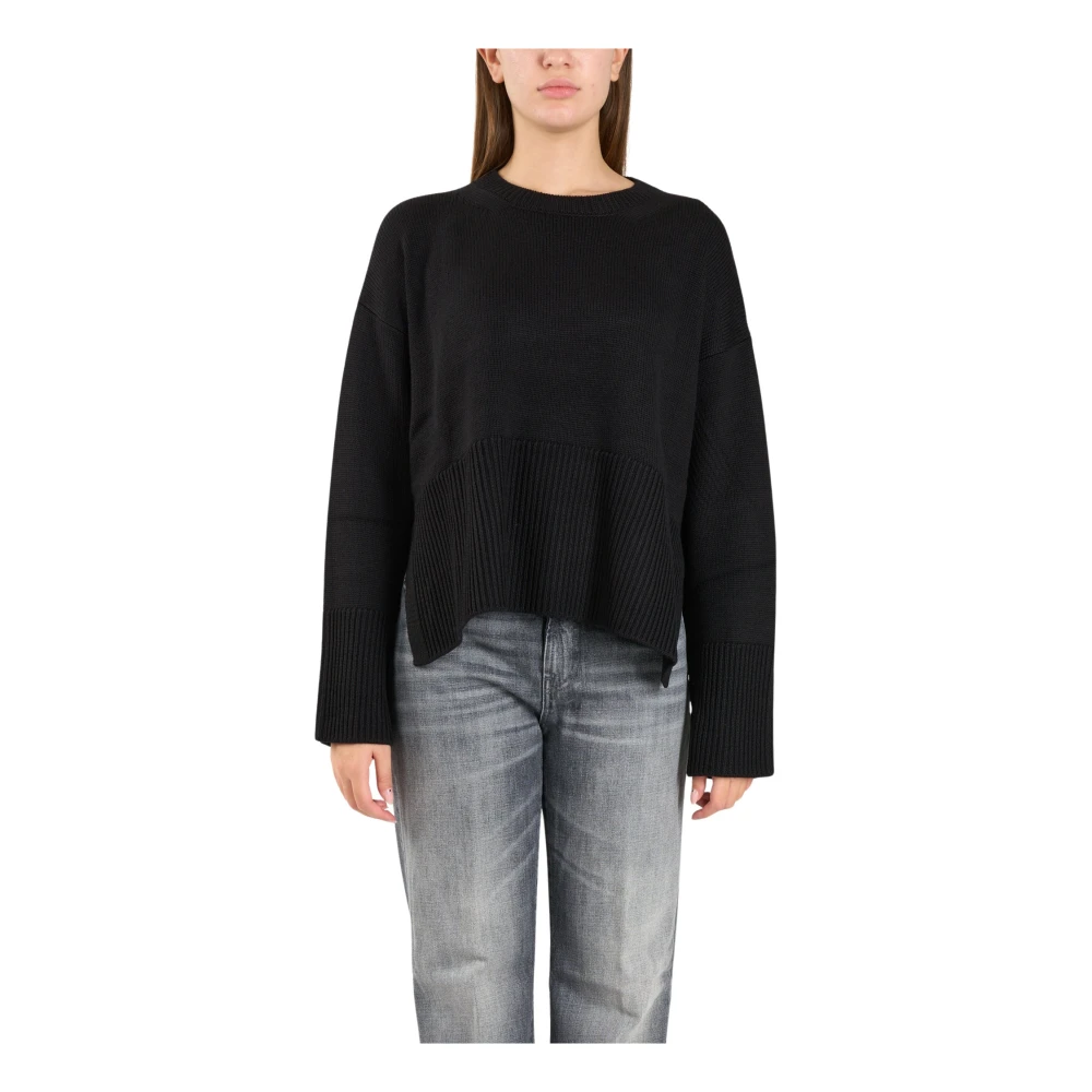 Dondup Wollen Trui met Ronde Hals en Zijsplitten Black Dames