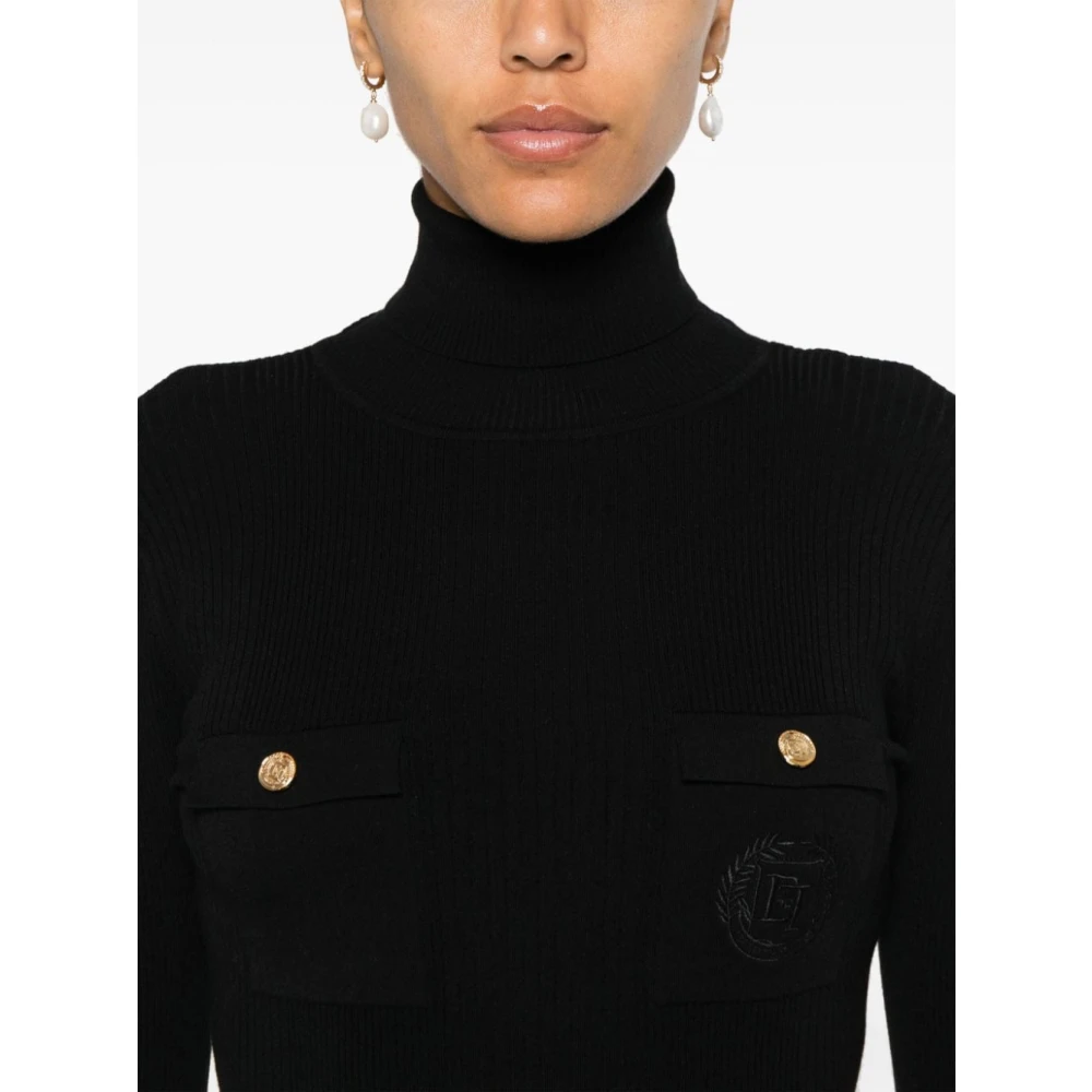 Elisabetta Franchi Zwarte Ribgebreide Trui met Hoge Kraag Black Dames