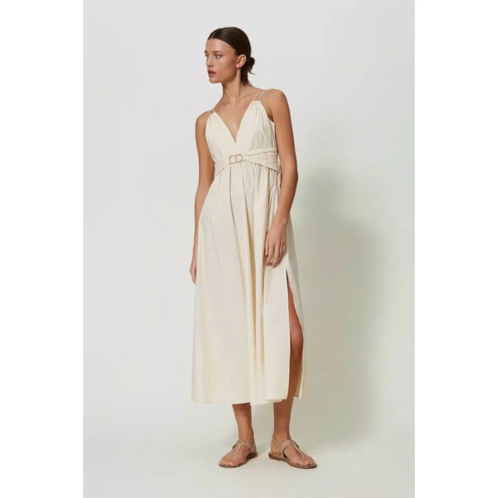 Twinset Elastische Katoenen Maxi Jurk met Spaghettibandjes Beige Dames