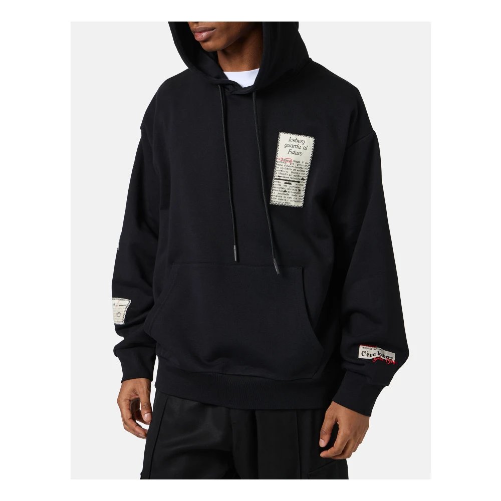 Iceberg Zwarte relaxte pasvorm katoenen hoodie met krantenprint Black Heren