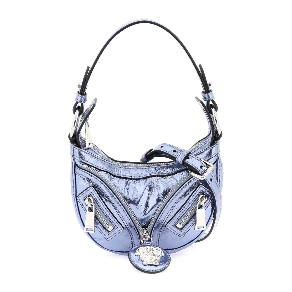 Versace Metallic Leren Mini Hobo Tas met Ritsdetails en Medusa Hanger Blue Dames