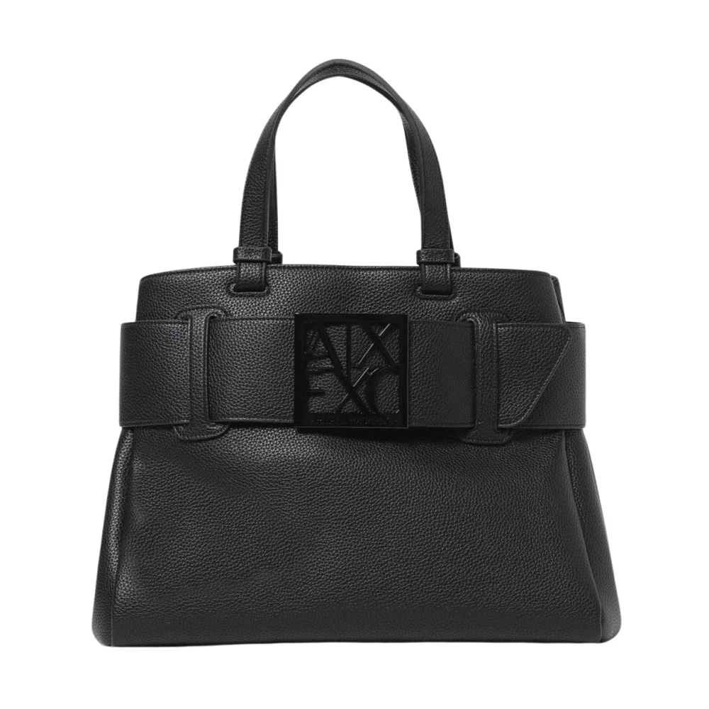 Armani Exchange Women's Black Shopping Bags, One Size, Structured Tote Bag With Belt Buckle