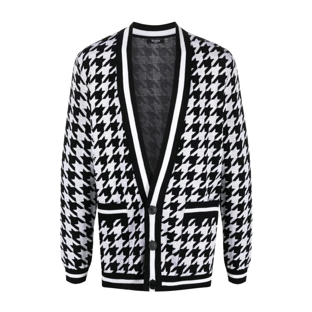 Balmain Houndstooth Cardigan i vit ull linne White, Herr