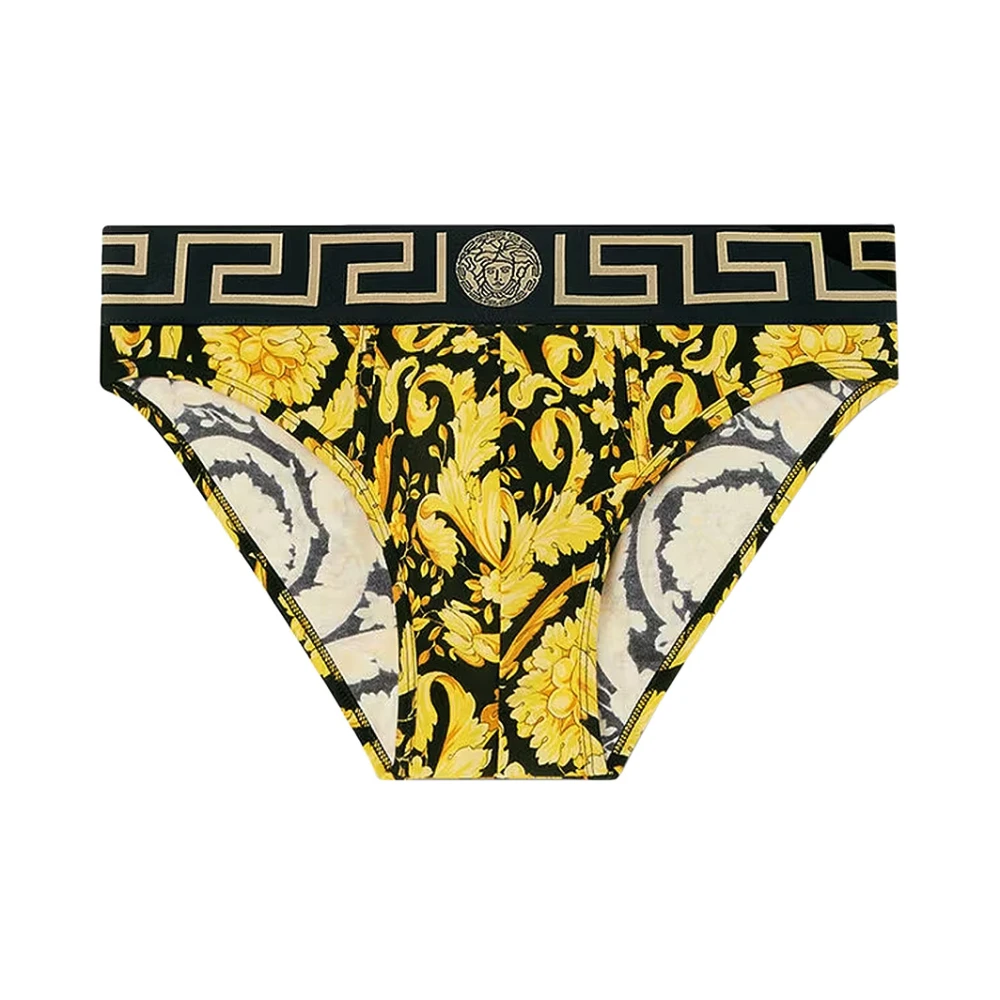 Versace Stretch Katoenen Slip met Barocco Print Yellow Heren