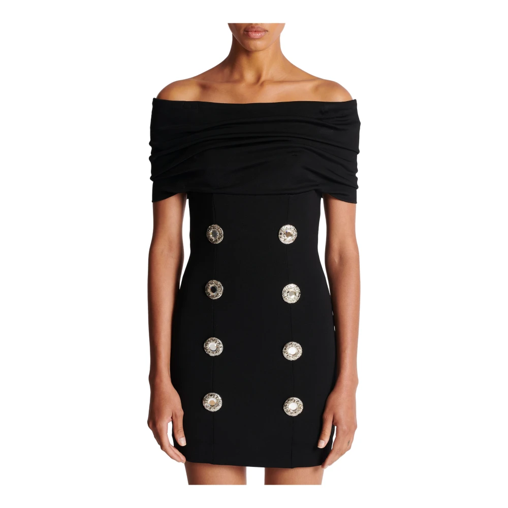 Balmain Off-Shoulder Jersey Jurk met Decoratieve Knoop Black Dames