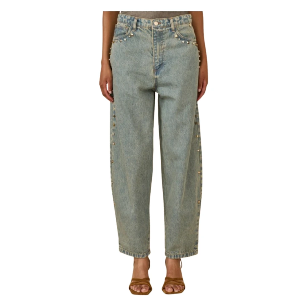 Souvenir Women's Blue Wide Jeans, S, Denim Balloon Con Borchie