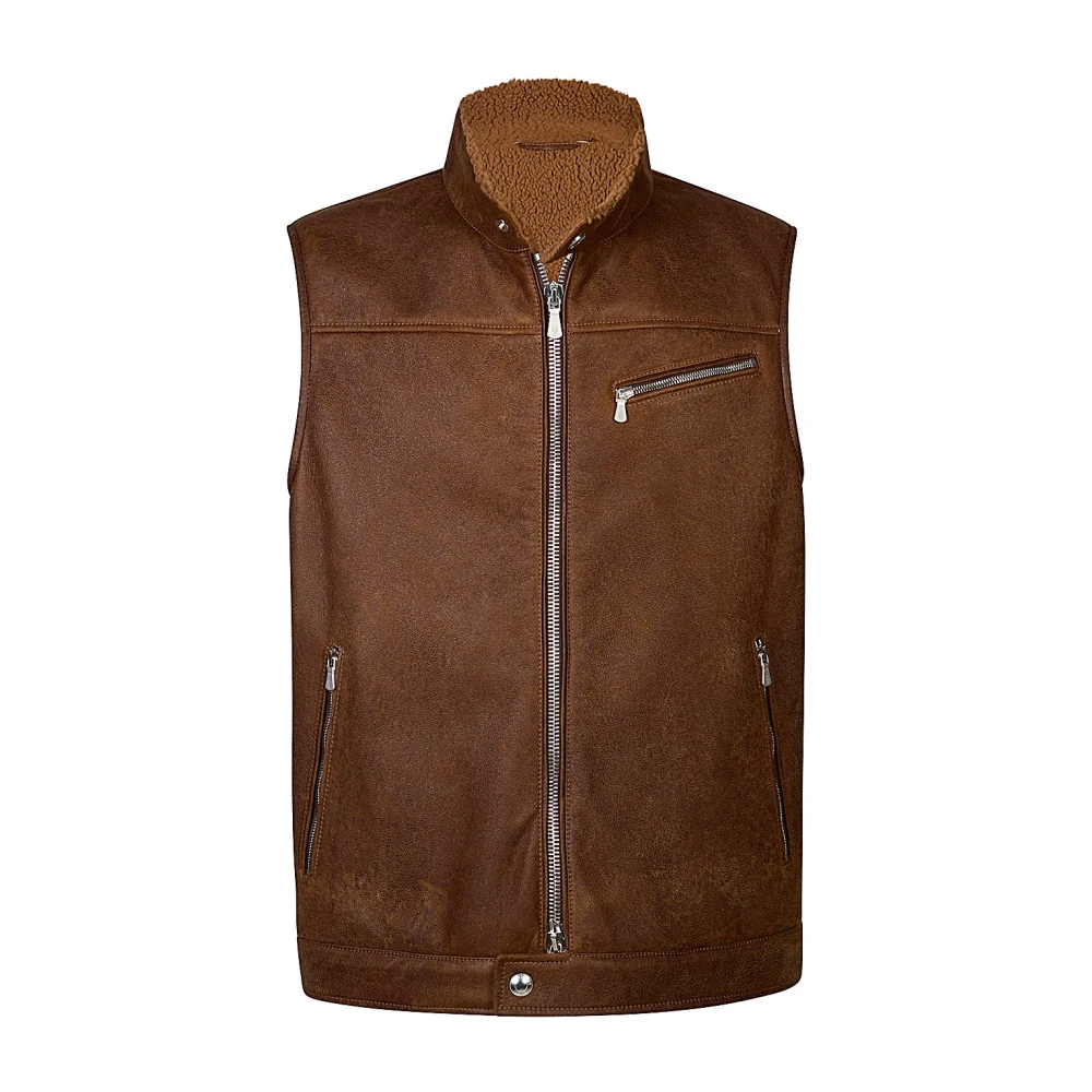 Eleventy Men's Brown Waistcoats, M, Shearling Biker Gilet