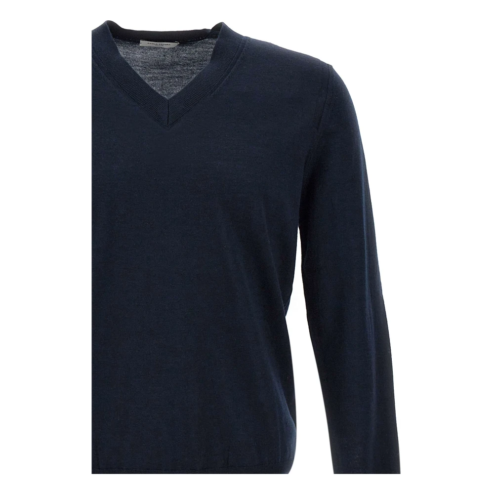 Paolo Pecora Navy Blue Wol V-Hals Trui Blue Heren