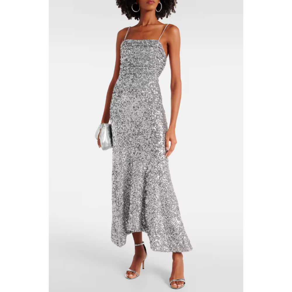 Ganni Zilver Paillet Vierkante Hals Jurk Gray Dames