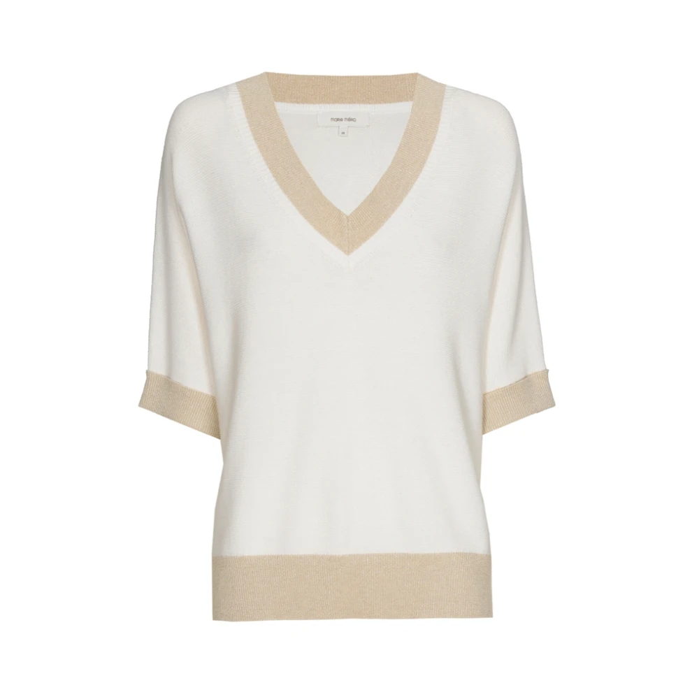 Marie Méro Chique V-hals Pullover met Contrastbies Beige Dames
