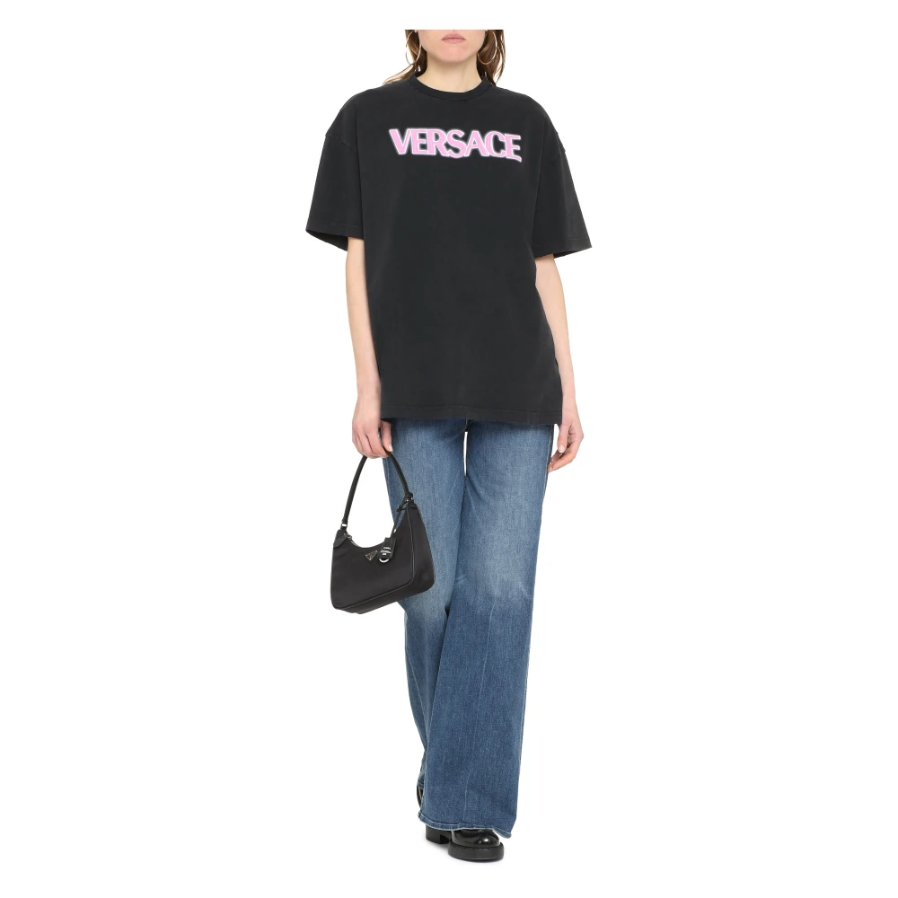 Versace Contrasterend Logo Katoenen T-Shirt Black Dames