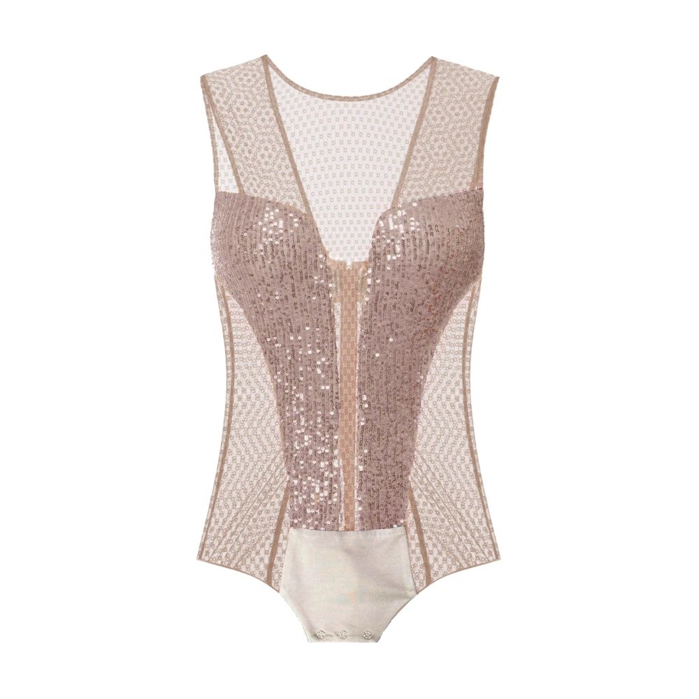 Elisabetta Franchi Geborduurde tule top met pailletten Beige Dames