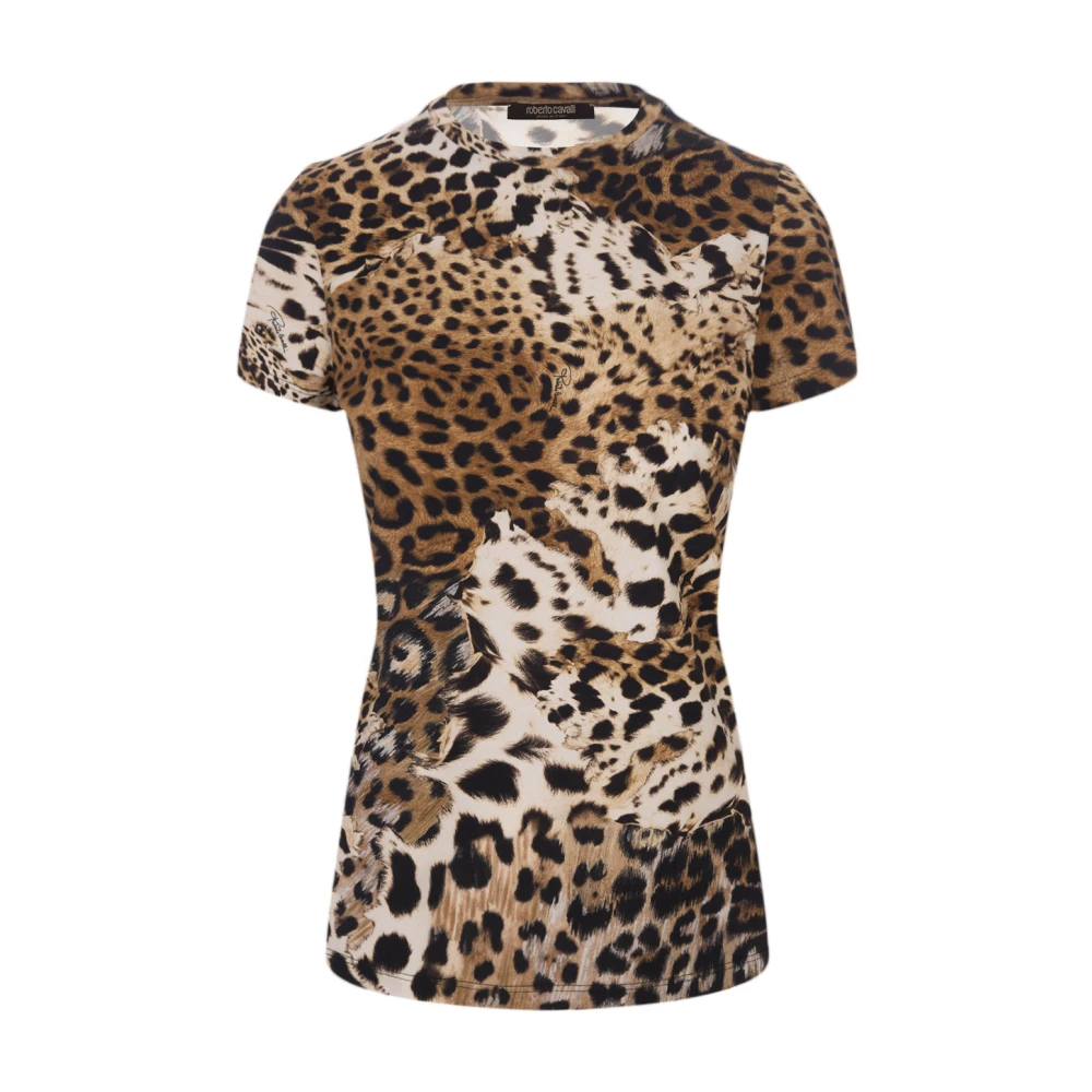 Roberto Cavalli Leopard Print Stretch Katoenen T-shirt Brown Dames