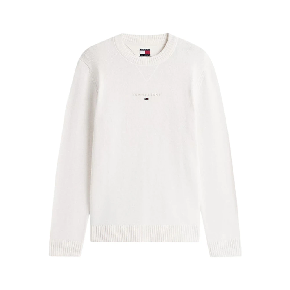 Tommy Jeans Men's White Tjm Slim Linear Jumper - Round-Neck Knitwear - Xs - Knitwear