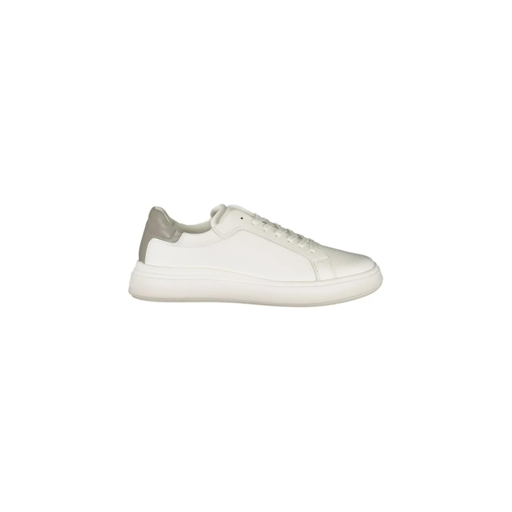 Calvin Klein Men's White Sneakers, 9 Uk, Polyester Sports Trainers With Grey Details