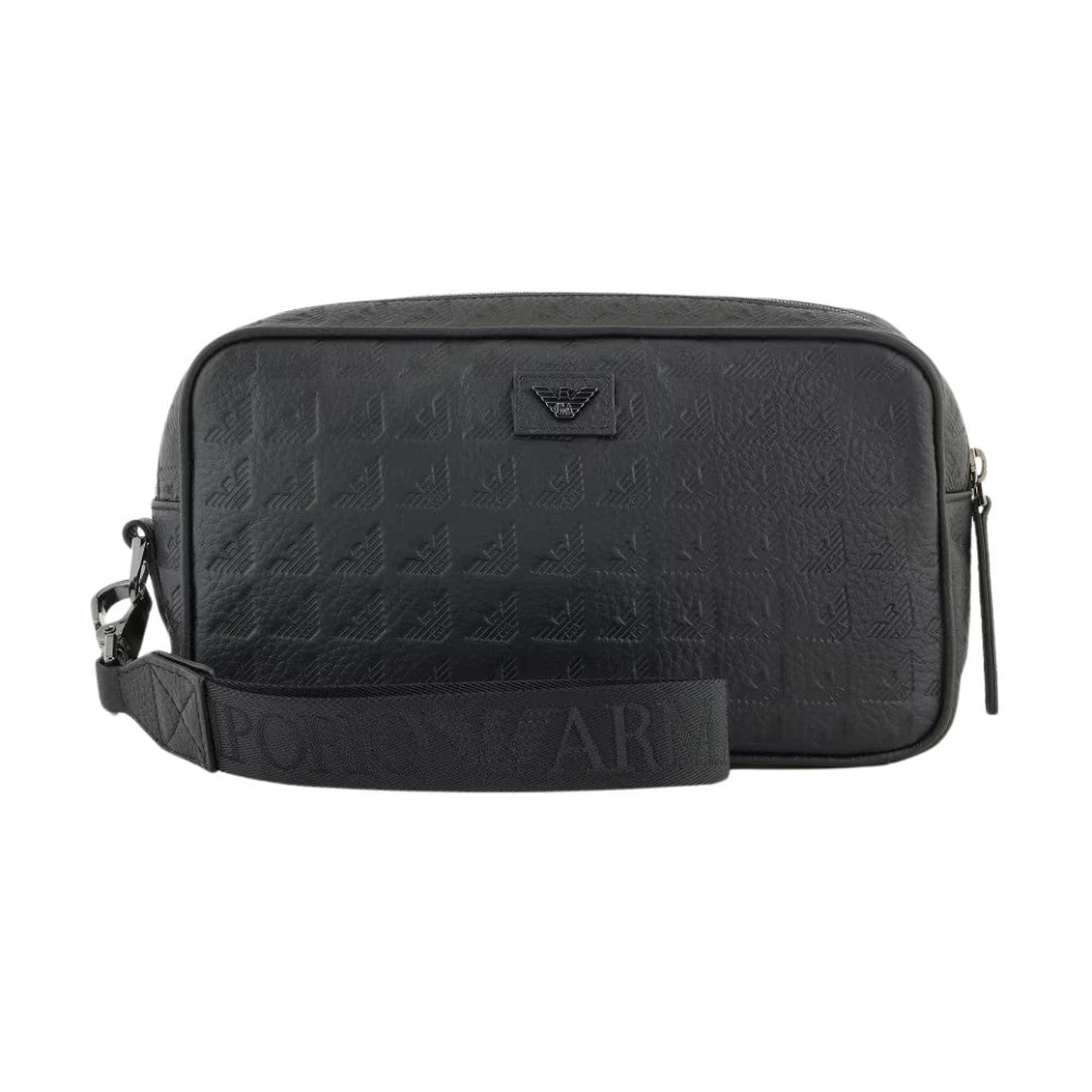 Emporio Armani Mannelijk Zwart Tassen Heren, One Size, Leer, E Toilettas Met Adelaarreliëf
