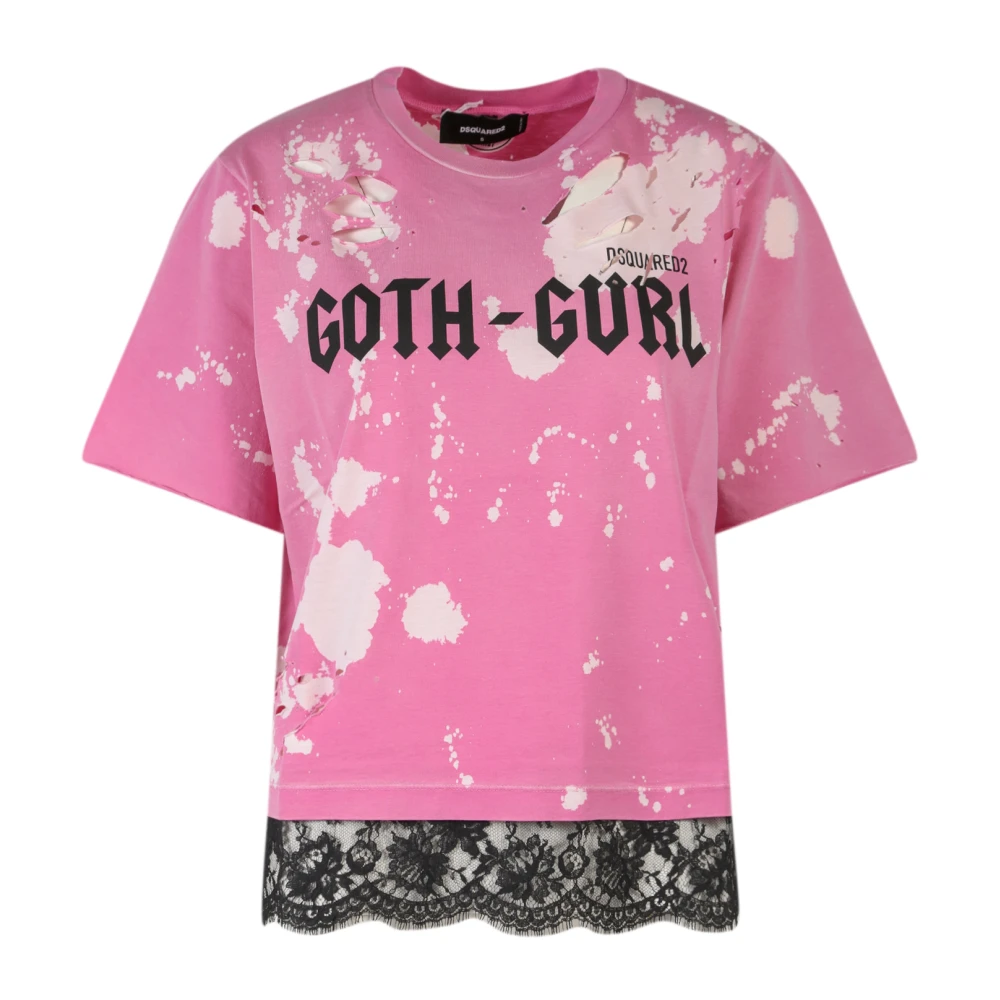 Dsquared2 Roze Katoenen T-Shirt met Frontprint en Veters Pink Dames