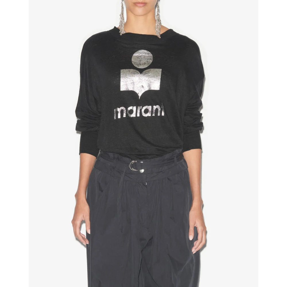 Isabel Marant Étoile Zwarte linnen T-shirt met lange mouwen en logo Black Dames
