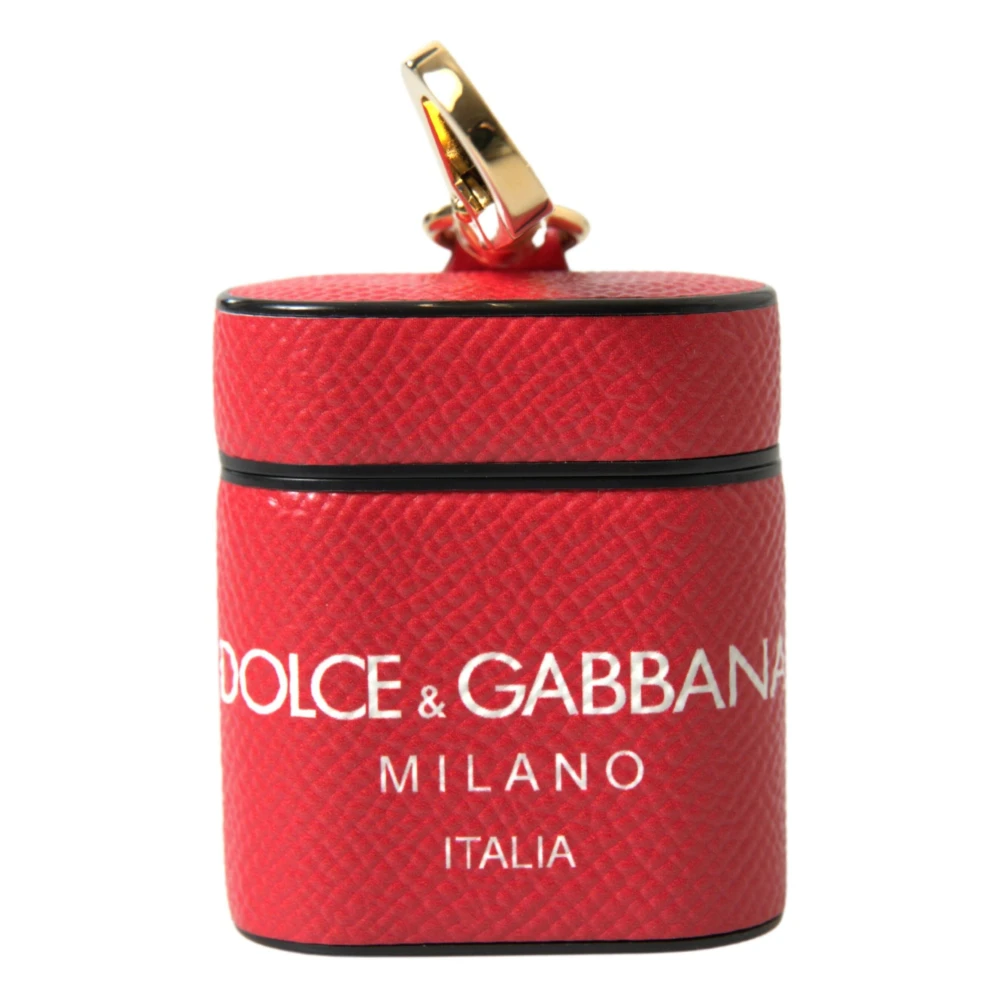 Dolce & Gabbana , Headphones, Female, Red, One Size, Red Leather Airpods Case With Gold Tone Metal Logo Print