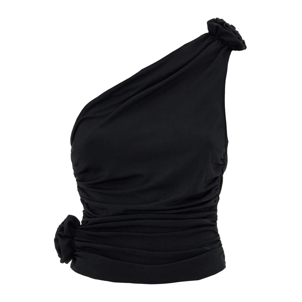 Magda Butrym Bloemige One-Shoulder Jersey Top Black Dames
