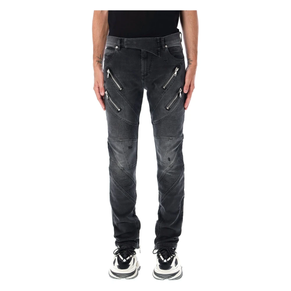 Balmain Versleten Slim Fit Denim Jeans Black Heren