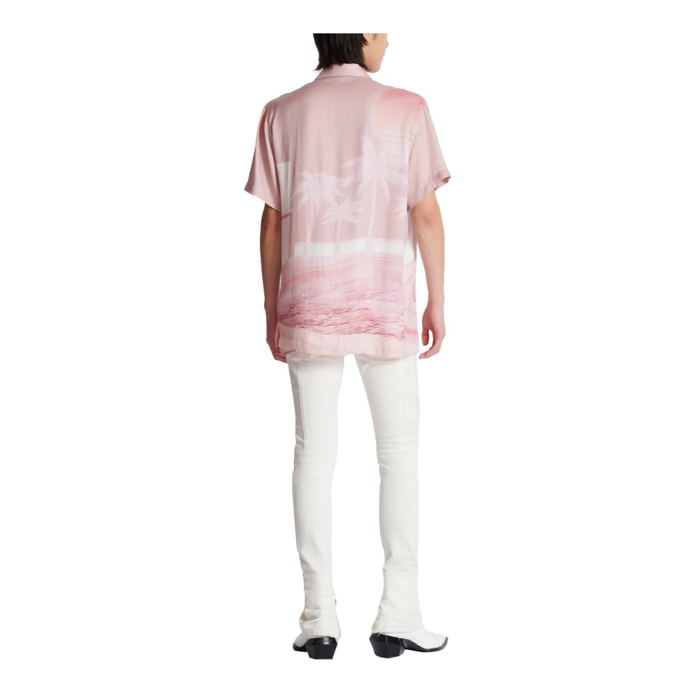 Balmain Kortemouw twill pyjamashirt met ansichtkaartprint Pink Heren