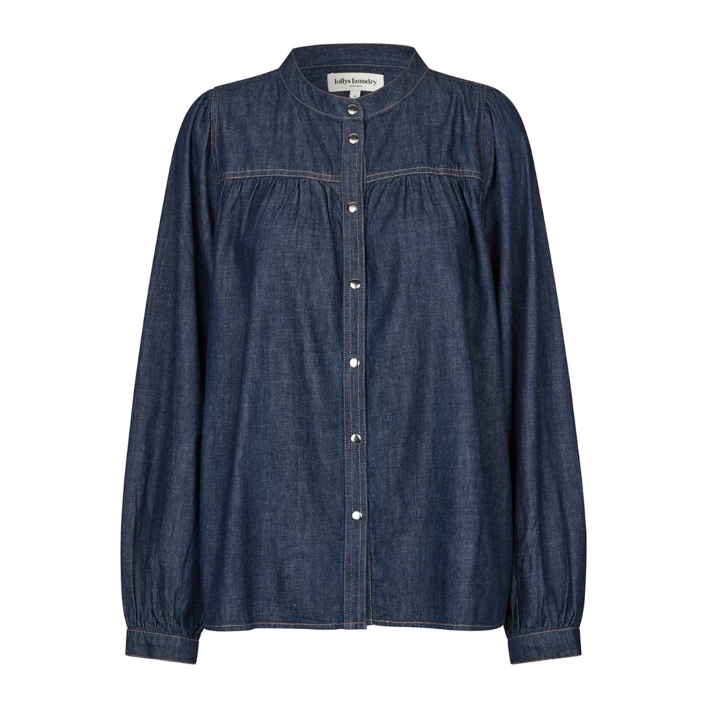 Lollys Laundry Denim shirt met ¾ mouwen en mandarijn kraag Blue Dames